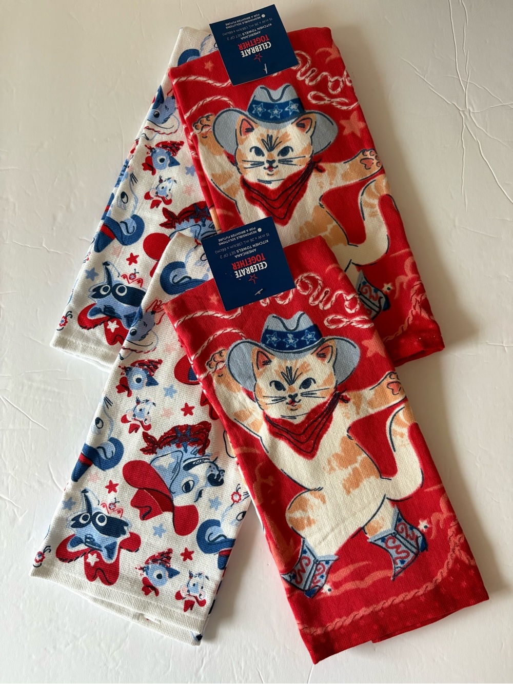 Kitchen Towels Cats Americana Western Attire Cowboy Hats Animals New Two Sets